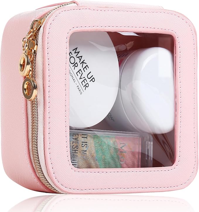 Small Clear Makeup Bag for Purse, Cute Mini Clear Cosmetic Bag Case Organizer, TSA Approved Square Small Makeup Case Pouch with Zipper, Car Travel Purse Essentials for Women (Pink, S)