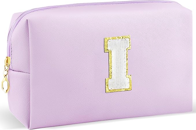 Gifts for Girls Initial Makeup Bag Personalized Cosmetic Bag with Zipper Cute Travel Toiletry Bag Waterproof PU Preppy Makeup Pouch Birthday Gift for Teen Girls Women(Purple I)