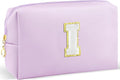 Gifts for Girls Initial Makeup Bag Personalized Cosmetic Bag with Zipper Cute Travel Toiletry Bag Waterproof PU Preppy Makeup Pouch Birthday Gift for Teen Girls Women(Purple I)