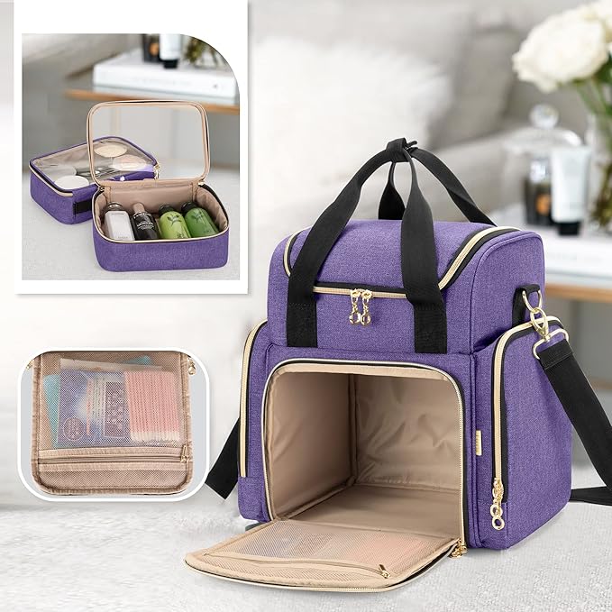 LUXJA Travel Makeup Bag with 2 Removable Cases, Cosmetic Bag with Multiple Storage Sections (Patent Pending), Purple