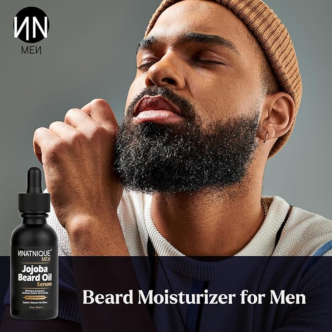 Natnique Jojoba Beard Oil for Men with Vitamin E & Tea Tree – Organic Conditioner & Growth Oil – Moisturizer for Facial Hair, Mustache & Dry Skin – Softener for Itch, Dandruff & Grooming Care – 1 oz