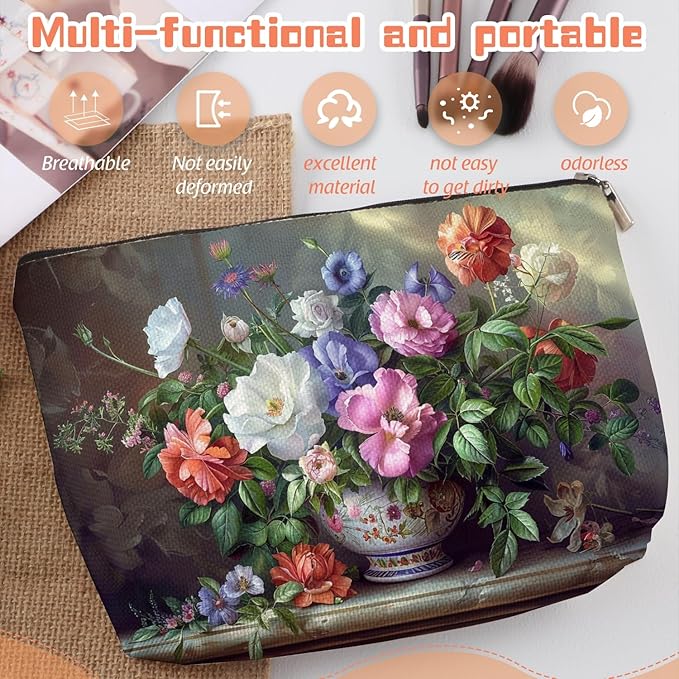Makeup Bag Travel Cosmetic Bags Small Makeup Case Waterproof Zipper Pouch for Women Girls 7X9inches - Exquisite Bouquet in A Decorated Ceramic Vase