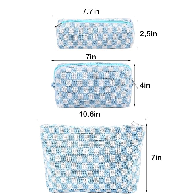 ZLFSRQ 3Pcs Checkered Makeup Bag for Women Large Small Checkered Cosmetic Bag Set Aesthetic Preppy Pencil Case Cute Pencil Pouch Blue Makeup Pouch for Purse Travel Toiletry Bags Zipper Skincare Bags