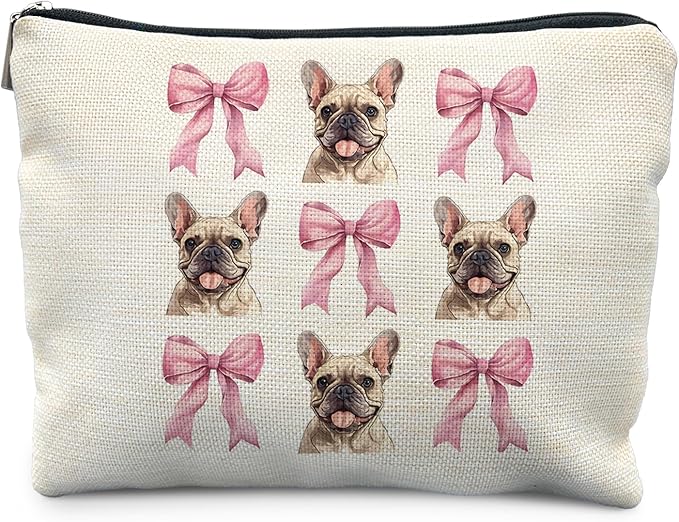 French Bulldog Makeup Bag, Coquette Pink Bow Frenchie Dog Cosmetic Bags for Women, French Bulldog Gifts Makeup Pouch, Frenchie Mom Gifts Zipper Pouch