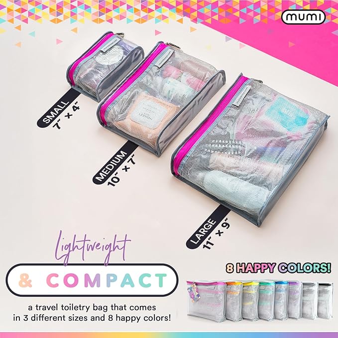 MUMI Travel Toiletry Bag Set of 3 – Clear TSA Approved Toiletry Bags for Women – Reusable Water-Resistant Makeup Organizer Pouches for Skincare, Cosmetics, Travel Accessories, Airport Packing - Blue
