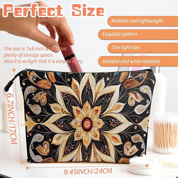 Cosmetic Bags Travel Makeup Toilet Case Waterproof Pouch for Women Girls 6.7X9.45inches - Symmetrical Gold Flower Pattern