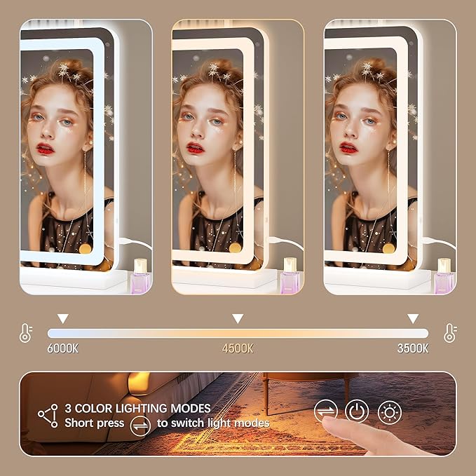Hasipu Vanity Mirror with Lights, 31.5" x 20" LED Makeup Mirror, Lighted Makeup Mirror with Dimmable 3 Modes, Touch Screen Control Vanity Mirror Round White