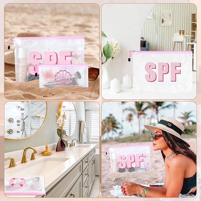 SOIDRAM 2PCS SPF Makeup Bag Clear Zippered SPF Bag Cosmetic Pouch Waterproof Travel Toiletry Organizer for Women Varsity Letter Patch Beach Pool Essentials