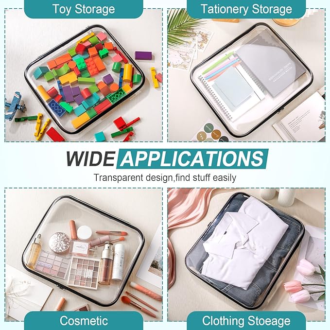 Sanwuta 6 Pcs Clear Hard Zipper Case Hard Plastic Zipper Pouches Makeup Bag Pencil Pouches Transparent Cases for Snacks Plastic Storage Organizer Box for Travel(Black,13.78 x 11.81 x 2 Inch)