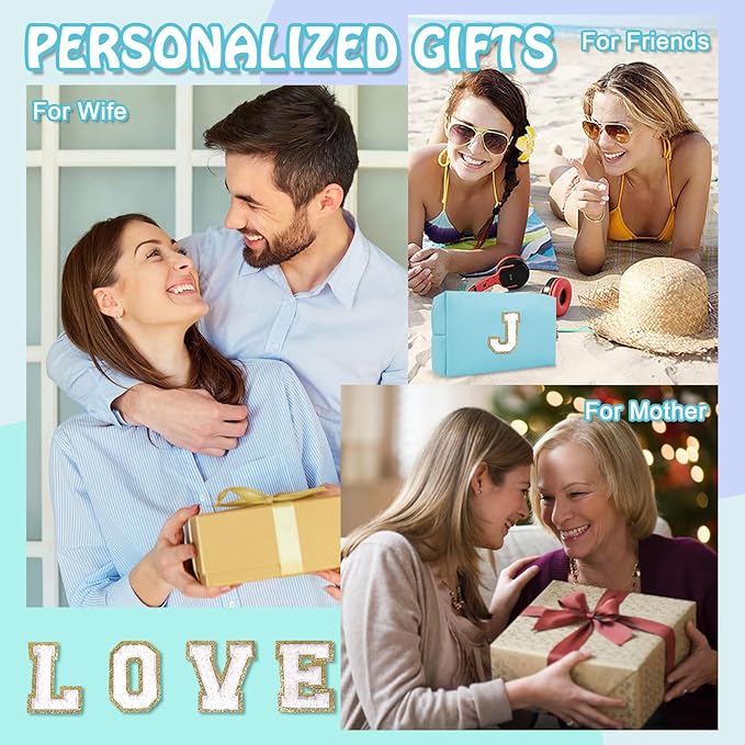 Personalized Preppy Small Travel Makeup Bag, Initial Chenille Letter Blue Makeup Bag Cosmetic Zipper Pouch Toiletry Organizer, PU Waterproof Makeup Case Storage Cute Preppy Stuff for Female(Letter J)