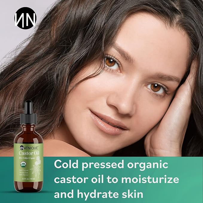 Natnique Castor Oil 2oz – USDA Certified Organic, 100% Pure Cold Pressed Unrefined Oil for Hair Growth, Eyelashes, Eyebrows & Scalp – Natural Skin Moisturizer, Lash Serum & Hair Treatment