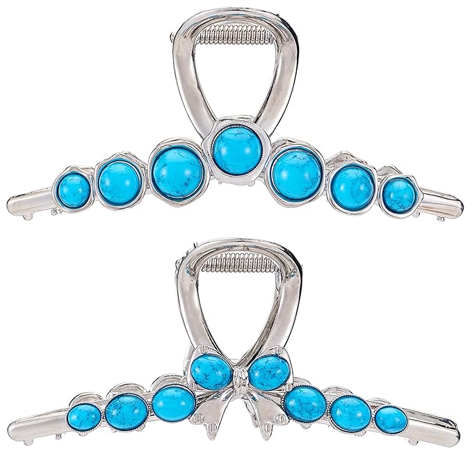 SINIDE Turquoise Blue Stone Hair Claw Clips, Large Metal Retro Bowknot Claw Clip for Women Strong Hold Non-Slip Catch Barrette Jaw Clamp for Long Thick Hair, Fashion Styling Accessories (2 Pack)