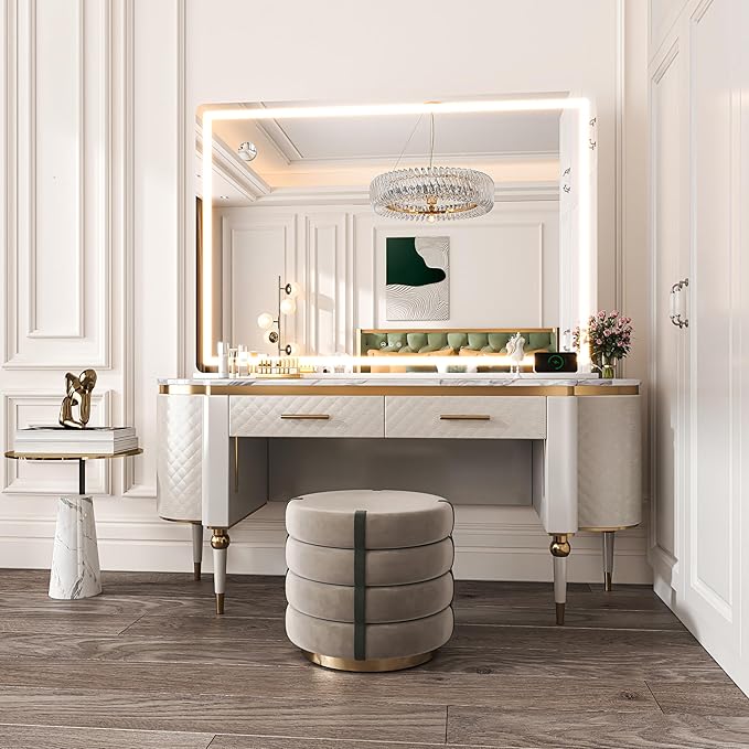 Hasipu Vanity Mirror with Lights, 41.3" x 30" LED Makeup Mirror, Lighted Makeup Mirror with Dimmable 3 Modes, Touch Screen Control Vanity Mirror Round White