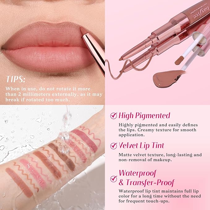 bayfree 2-IN-1 Lip Liner and Lip Stain, High Pigmented Long Lasting Velvet Lip Tint, Well-Defined Lipliner, Weightless Waterproof Not Animal Tested, Matte Finish Makeup