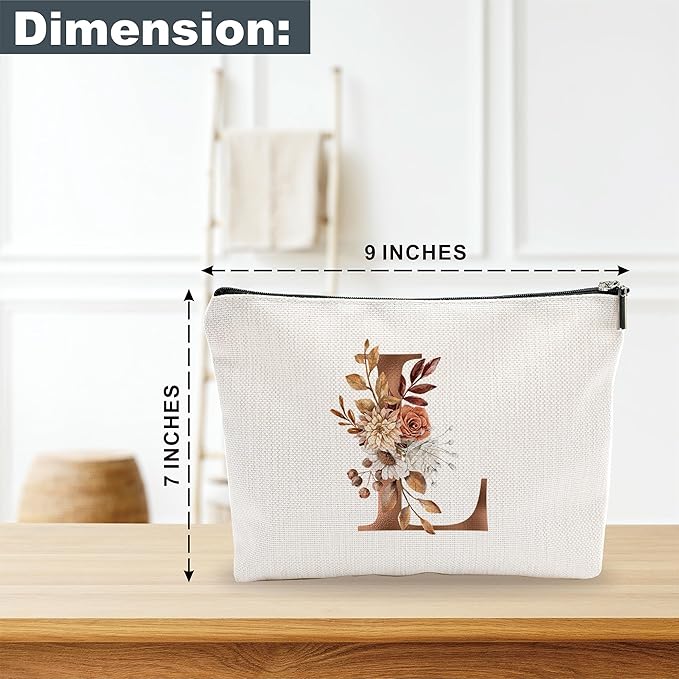 A-Z Boho Personalized Cosmetic Bag-Floral Cotton Letter Makeup Bag With Zipper-Artistic Cosmetic Bag For Travel-Bride,Birthday Gift For Women Daughter Friends-Women Makeup Organizer-A12