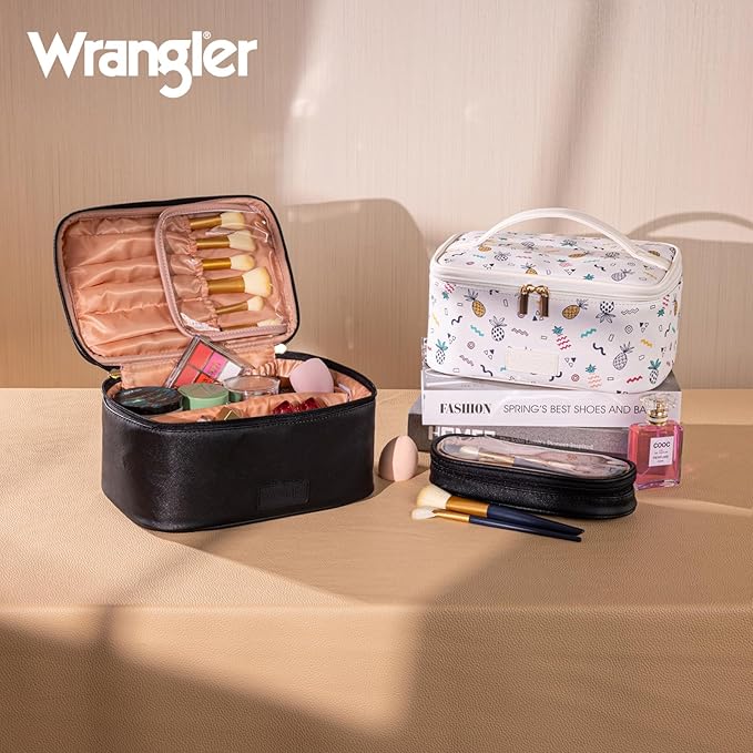 Montana West X Wrangler Travel Makeup Bag 2pcs Set Large Cosmetic Bag with Makeup Brush Holder Portable Make Up Organizer Cute Toiletry Bag with Divider and Handle for Women Black