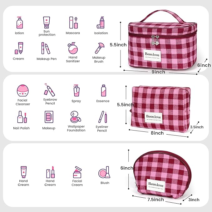 FAELBATY Makeup Bag Large Checkered Fabric Toiletry Organizer Bag for Women Girls (Rose Red)