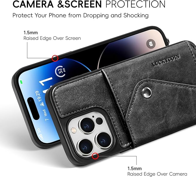 LUCKYCOIN Crossbody Wallet Phone Case for iPhone 14 Pro Max,100% Genuine Leather Wallet Phone Case with Expandable Flip Card Holder,Phone Purse for Women with Adjustable Removable Strap - Black