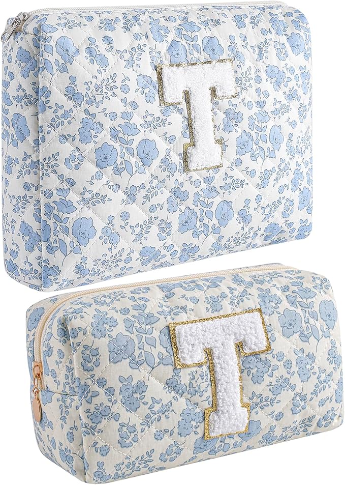 JOVAKIT Alphabet Makeup Bag Cosmetic Bag for Women, Christmas Gifts for Girls Age 6-18, Floral Flowers Coquette Travel Toiletry Zipper Make Up Pouch Organizer Trendy Stuff (2Pcs Blue Floral T)