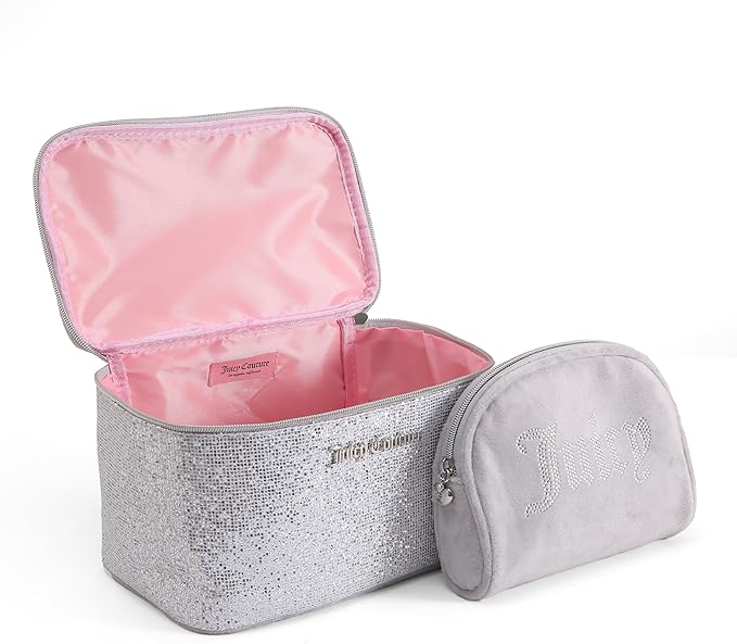 Juicy Couture Silver Makeup Bag Cosmetics Organizer Travel Essentials Train Case Coin Purse Glitter Rhinestone Velour