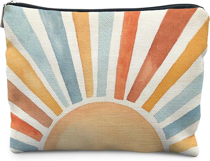 Vintage Boho Colorful Sun Sunrise Sunset Makeup Bag, Sunshine Gifts Cosmetic Bags for Women, Boho Gifts for Women, Retro Mid Century Modern Art Zipper Makeup Pouch