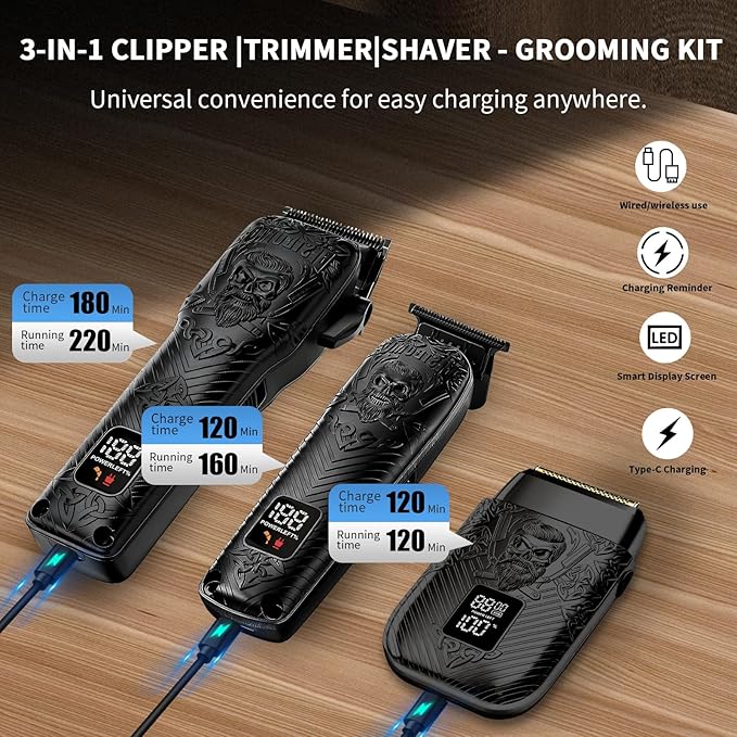 Professional Cordless Mens Hair Clippers & Beard Trimmer and Electric Shavers Kits & Sets,Metal Hair Clippers Cutting Grooming Kit with Long Battery Life for Family Barber Use (Black)