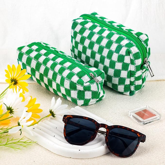 2Pcs Checkered Pencil Case Cute Pencil Pouch for Teens Checkered Makeup Bag Travel Cosmetic Bag Set Cute Makeup Pouch for Purse Portable Zippered Skincare Bags Preppy Toiletry Bags Organizer(Green)