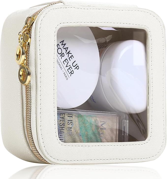 Small Clear Makeup Bag for Purse, Cute Mini Clear Cosmetic Bag Case Organizer, TSA Approved Square Small Makeup Case Pouch with Zipper, Car Travel Purse Essentials for Women (White, S)