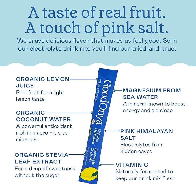 GOODONYA Organic Hydration Electrolyte Drink Mix, Certified Organic Hydration Powder, Non-GMO, Biochecked Glyphosate Free, Low Sugar, Lemonade Flavor, No Artificial Flavors,12 Stick Packs
