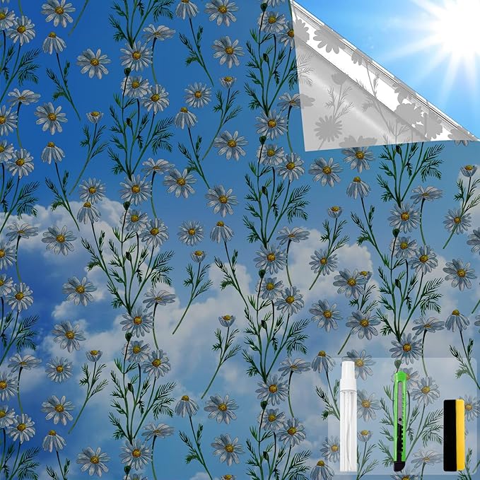 One Way Privacy Film, Window Tint for Home,Daytime Reflective, Anti UV Static Cling Sliding Door Coverings No Glue Garage Solar Paper (Black - Silver-Daisy, 35.4X 78.7 in)
