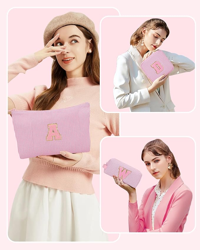 MONSTINA Personalized Initial Makeup Bag for Women,Make Up Case for Girlfriend Bridesmaid Wife,Birthday Gift for Her Cute Toiletry Bag,3PCS,Pink G