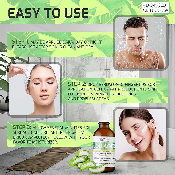 Advanced Clinicals Collagen Serum For Face | Visible Anti Aging Collagen Peptide Serum + Hyaluronic Acid Moisturizer Improves Look Of Wrinkles, Dry Skin, & Fine Lines, No added Fragrance, 2-Pack