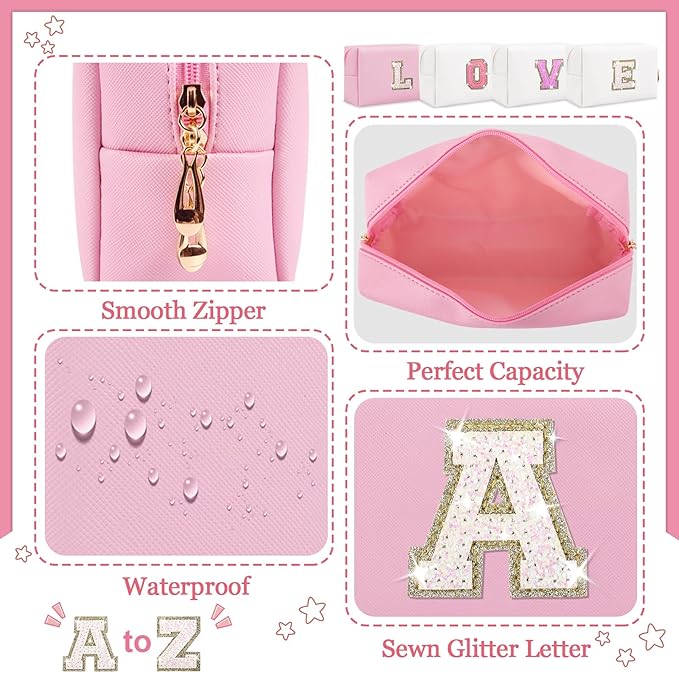 Personalized Initial Makeup Bag, Preppy Glitter Letter Patch Cosmetic Pouch, PU Waterproof Travel Toiletry Bag, Cute Makeup Organizer, Monogrammed Gift for Women Girls (Letter A)
