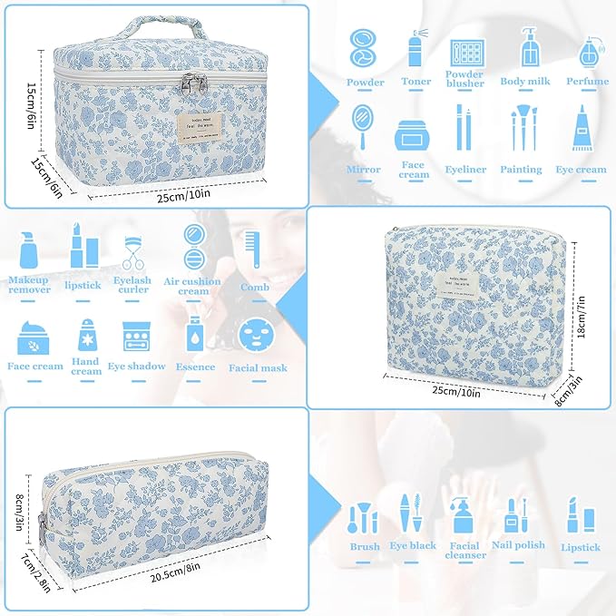 3pc Makeup Bag Set, Quilted Makeup Bag Set, Large Floral Cosmetic Bag for Women, Cute Cotton Makeup Bags, Flower Travel Toiletry Organizer Bag (Checkered)