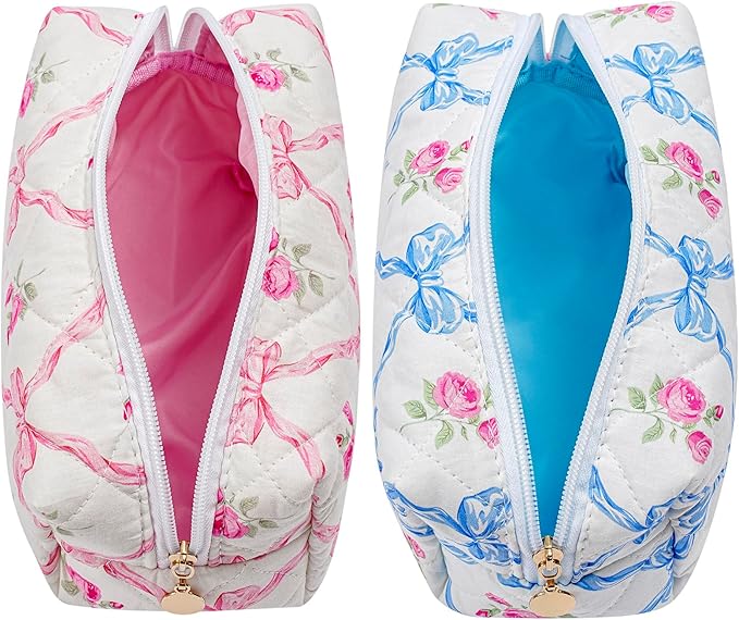 Makeup Bag Travel Cosmetic Bag for Women Girls, Zipper Make Up Pouch, Floral Flowers Toiletry Organizer Makeup, Portable Storage Bag, Cosmetic Travel Cloth Bag (Pink Bowknot+Blue Bowknot)