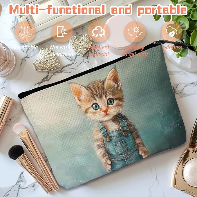 Cosmetic Bags Travel Makeup Toilet Case Waterproof Pouch for Women Girls 6.7X9.45inches - The Adorable Allure of A Kitten in Blue Overalls