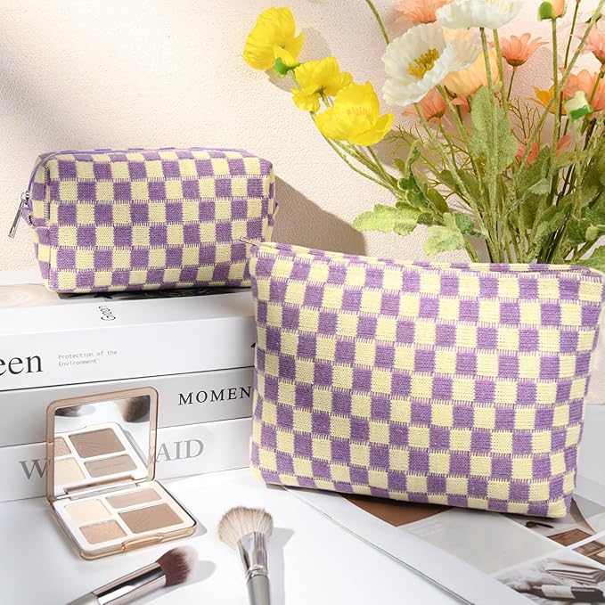 SOIDRAM 2 Pcs Checkered Makeup Bag Large Cosmetic Bag Toiletry Bag Makeup Pouch Travel Bag Organizer Cute Makeup Brushes Aesthetic Accessories Storage Bag for Women Purple