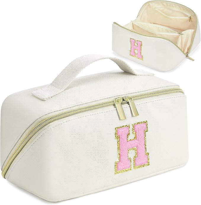 for Christmas Day Gifts, Makeup Bag for Women, PU Leather Travel Toiletry Bags, Initial Make Up Cosmetic Pouch for Teen Girls, Wide Open Portable Skincare Bag, Personalized Birthday Gifts, White H