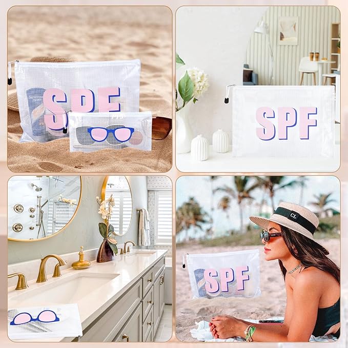 SOIDRAM 2PCS SPF Makeup Bag Clear Zippered SPF Bag Cosmetic Pouch Waterproof Travel Toiletry Organizer for Women Varsity Letter Patch Beach Pool Essentials