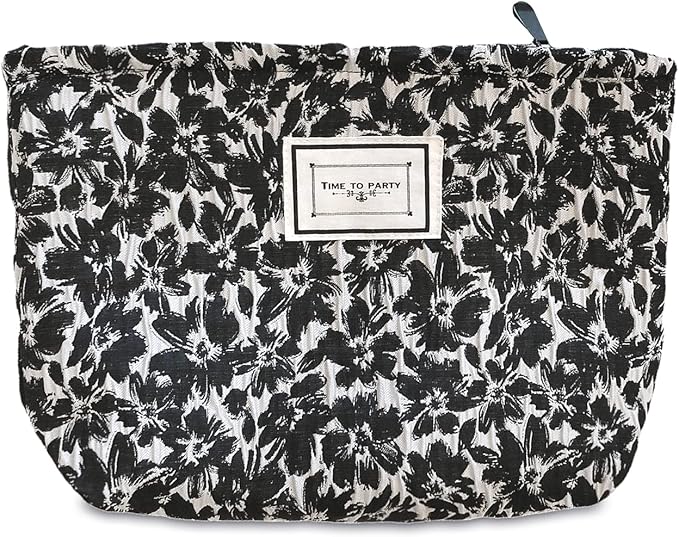 STARDW Aesthetic Floral Makeup Bag Cute Small Cosmetic Bags for Women Girls, Travel Toiletry Bag Large Capacity Zipper Makeup Pouch, Purse Organizer Pouches (Black Flowers)