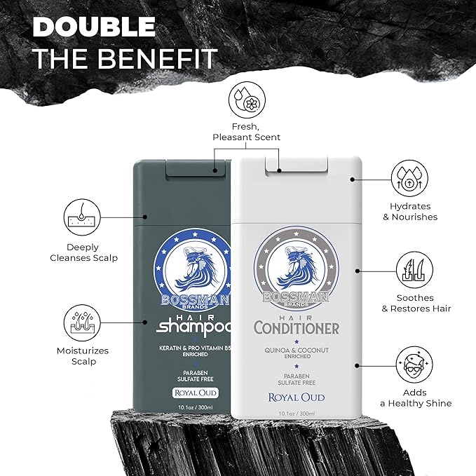 Bossman Hair Shampoo and Conditioner Combo - Hydrating, Strengthening, and Soothing Formula for Men's Hair - Paraben Free & Sulfate Free (Royal Oud) - Packaging May Vary