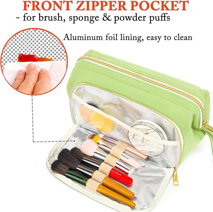 Travel Makeup Bag, Wide-open Cosmetic Bag Make Up Organizer Case with Brushes Pocket for Women, Large Family Toiletry Bag Skincare Pouch for Toiletries Accessories