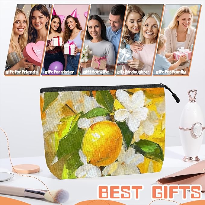 Cosmetic Bags Travel Makeup Toilet Case Waterproof Pouch for Women Girls 6.7X9.45inches - Oil Painting of Lemons And White Flowers