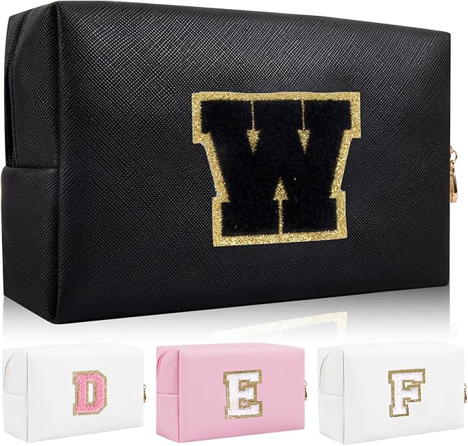 Personalized Initial Letter Patch Makeup Bag, Preppy Portable Chenille Cosmetic Bag with Zipper, PU Leather Waterproof Travel Toiletry Bag Monogram Make Up Pouch for Women Girls