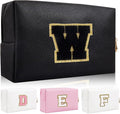 Personalized Initial Letter Patch Makeup Bag, Preppy Portable Chenille Cosmetic Bag with Zipper, PU Leather Waterproof Travel Toiletry Bag Monogram Make Up Pouch for Women Girls