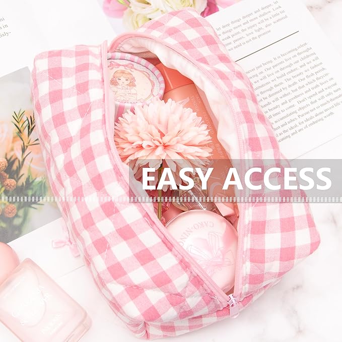 PAZIMIIK Cozy Makeup Bag Travel Cosmetic Bag for Women Soft Toiletry Bag Aesthetic Makeup Organizer Portable Large Zipper Pouch for Skincare Beauty Accessories Brushes Pink Checkered