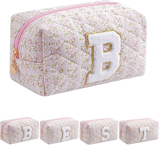 JOVAKIT Alphabet Makeup Bag Cosmetic Bag for Women, Christmas Gifts for Girls Age 6-18, Floral Flowers Coquette Travel Toiletry Zipper Make Up Pouch Organizer Trendy Stuff (Pink Floral B)