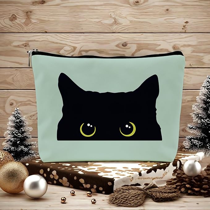 Black Cat Makeup Bag – Cute Cosmetic Pouch Travel Toiletry Bag, Zipper Organizer for Women Girls, Multifunction Cat Lover Gift Purse (Greener Pu Leather)