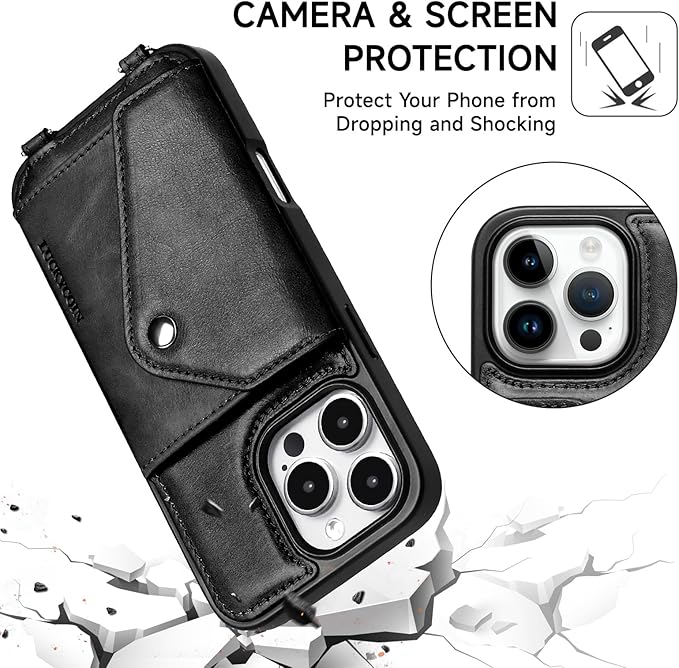 LUCKYCOIN Crossbody Wallet Phone Case for iPhone 16 Pro Max,100% Genuine Leather Wallet Phone Case with Expandable Flip Card Holder,Phone Purse for Women with Adjustable Removable Strap - Black