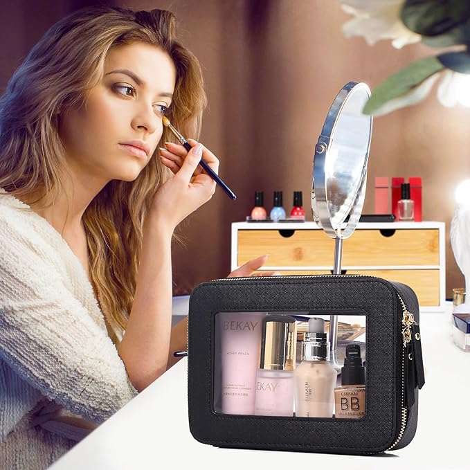 Pinkmik Travel Clear Makeup Bag with Brush Case TSA Approved Toiletry Bag Waterproof Cosmetic Organizer with Zipper Car Essential for Women (Black, M+SLIM)